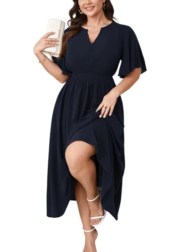 Image of Women's Plus Size Dress for Women Wedding Guest Cocktail Smocked Ruffle Short Sleeve V Neck Flowy Maxi Dresses