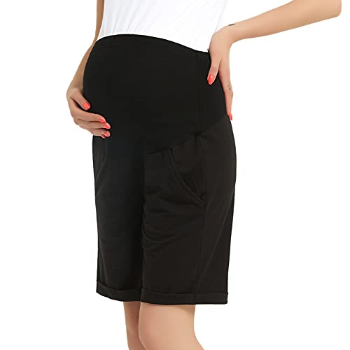 Bhome Maternity Bermuda Shorts Over The Belly Workout Loose Casual Pregnancy Pants With Pockets Black L #TOP2