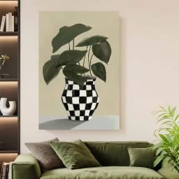 ADOHOME Modern Minimalist Black and White print Poster with Checkered Flower Pot Indoor/Outdoor Wall Decor mural(60x80cm/InternalFrame)
