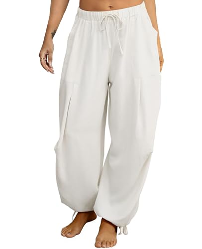 Image of Women's Linen Balloon Barrel Beach Pants Boho Harem Flowy Drawstring Casual Loose Pants with Pockets