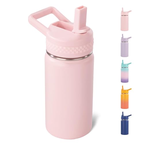 Fijinhom 12 oz Toddler Bottle, Kids Water Bottle for School Boys&Girls with Straws Lids, 304 Stainless Steel Vacuum Insulated Thermos, BPA-Free, Pink