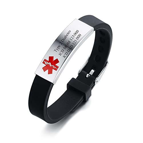 Aluowang Personalized Silicone Medical Alert Bracelets For Women Men Free Engraving, Waterproof Medical Id Bracelet Sport Emergency Id For Boys Girls,Adjustable Size 6.2-8.2 Inches (Black) #TOP2