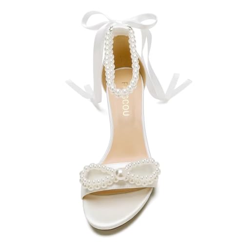 Pearl Heels Wedding Shoes - Block Heel Bridal Sandals with Open Toe and Bow2