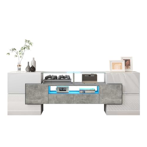 YEHTOKHOME Meuble TV Moderne,Meuble TV Multifonctionnel avec éclairage LED,Meuble avec 6 Portes et 2 tiroirs, organizzatore avec Espace de Rangement (Blanc +...