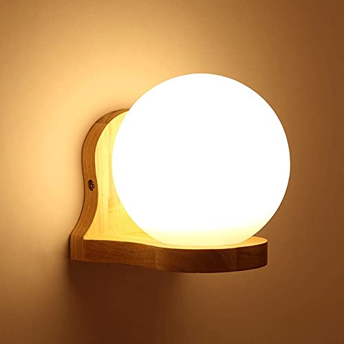 Aplique de pared de globo blanco con soporte de madera y cristal mate E27 8