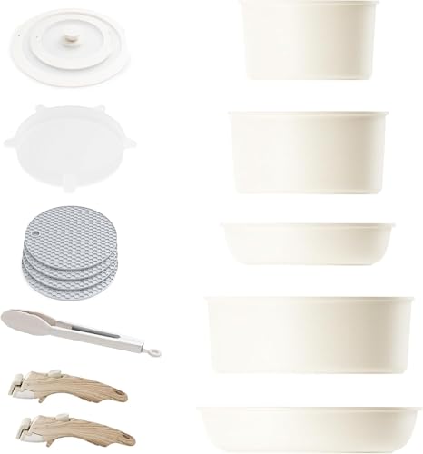 Image of Caannasweis Detachable Nonstick Cookware Set - Stackable Induction Pots and Pans With Removable Handles, Dishwasher Safe - For RV Camping, Oven and Stovetop Use, 5 Pieces (Beige)