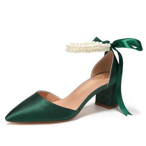 Elivandon J1585 Damen Satin Spitze Zehen Mittlerer Absatz Abend...