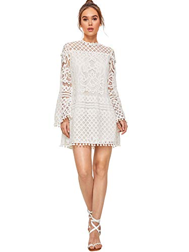 SheIn Women's Crochet Pom-pom Sheer Lace Bell Sleeve Dress X-Large White - Image 7