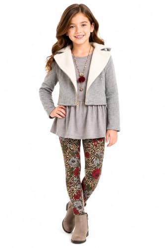 Image of iGirlDress Girls 4 Pieces Pant Set Long Sleeve Jacket Necklace Floral Plaid Pant 4-16