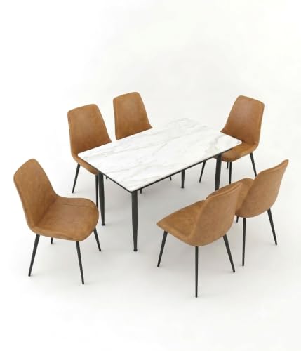 Image of Eclipse Six Seater Faux Marble Dining Set | 15mm Sintered Stone Dining Table | Upholstered Metal Chairs | Galaxy Cream (DIY Assembly)