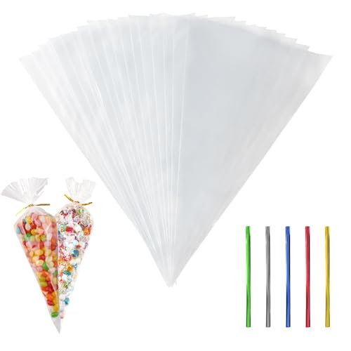 XFentech 100Pcs Clear Cellophane Bags - Clear Cone Bags with 100pcs Colorful Twist Ties Sweet Bags Treat Triangle Bags Snacks Wrapping Resealable for Candy Cookie Chocolate Nuts Soap Gifts