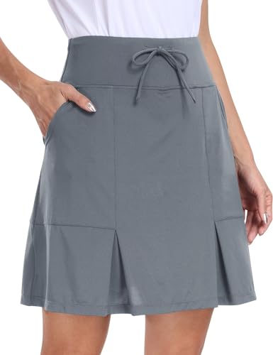 MoFiz Jupe de Tennis Femme Longueur Genoux, Athlétique Golf Skort avec Short intérieur, Jupe de Course été élastique Taille Haute Gris Moyen XL