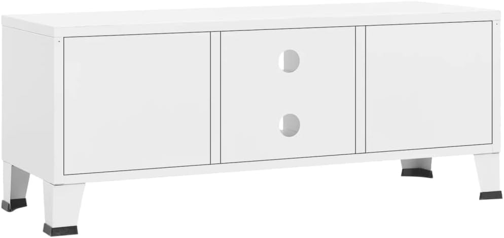 vidaXL White Pre-Assembled TV Cabinet, Industrial Metal TV Stand Unit with 2 Doors & 1 Shelf, Cable Management Design