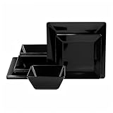 TP 12-Piece Dinnerware Set, Melamine Dishes Set with Bowls and Plates, Non-breakable and Lightweight Square Dinner Set for 4, Black