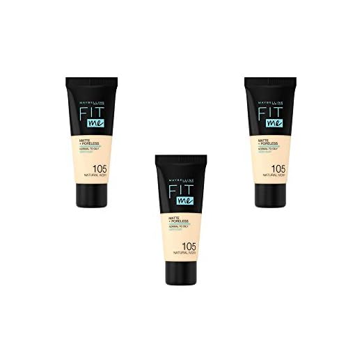 Maybelline New York Fit Me Matte & Poreless Foundation - 105 Natural Ivory, Sats med 3 (3 x 30ml)