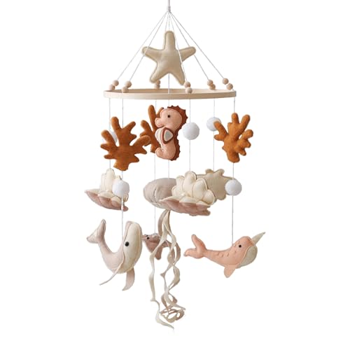 Tbintul cloche de lit mobile pour bébé avec étoiles, carillon éolien, animaux marins, mobile avec boules en feutre, carillon à vent suspendu en bois, pour...