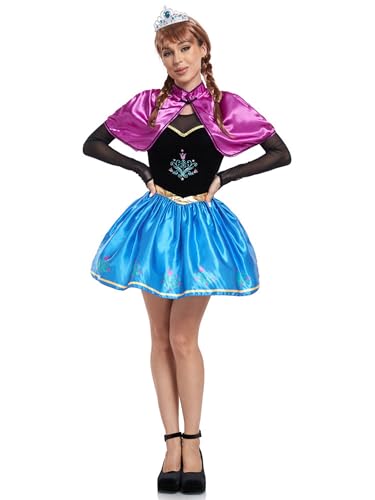 YOSICIL Robe de Princesse Annania La Reine des Neiges Robe Déguisement Adulte avec Cape et Couronne Bleu Satin et Rose Vif, XL