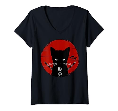 Donna Vintage Japanese Sunset Style Samurai Ninja Cat Kitten Lover Maglietta con Collo a V