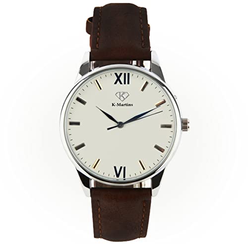 K-Martins Mens Wrist Watch -Quartz Analog Roman Numeral with Classic Brown Leather - Waterproof 10 Years Batteries - Fashion Casual Unique Dress - Business Office Work School Unisex Watches (1unit)