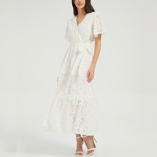 Image of Women's Summer Bohemian Floral Chiffon Dress Cap Sleeve V Neck Ruffle Long Flowy Boho Casual Vacation Dresses