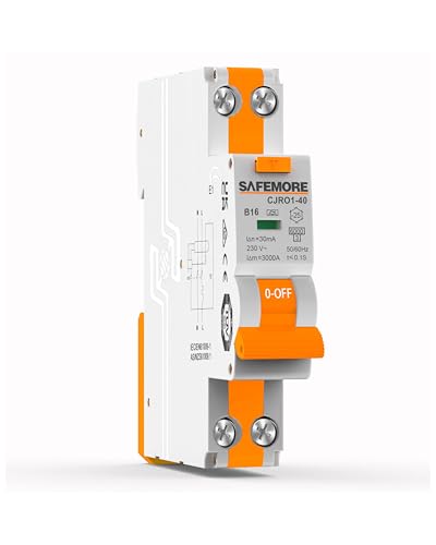 SAFEMORE FI/LS-Schalter 16A 30mA 1P+N Typ A - RCBO Bidirektionaler Fehlerstromschutzschalter mit 6kA Schaltvermögen B16 Kurve B TÜV-Zertifizierung - DIN-Hutschiene Orange