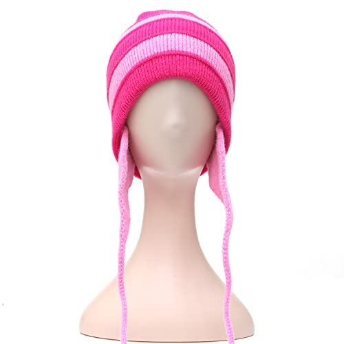 DSKOBT Knitted hat Women Winter Peruvian Cover Ears Pink Striped Beanie Hat Sherpa Hats Knit y2k Cosplay Costumes (Adult)