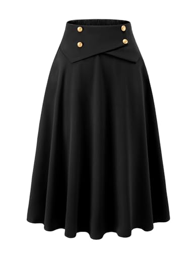 Schwarzer Rock Damen Winter midilang Vintage A-Linie Röcke Tellerrock Basic Casual Rock Hohe Taille Freizeitrock mit Taschen Black XL
