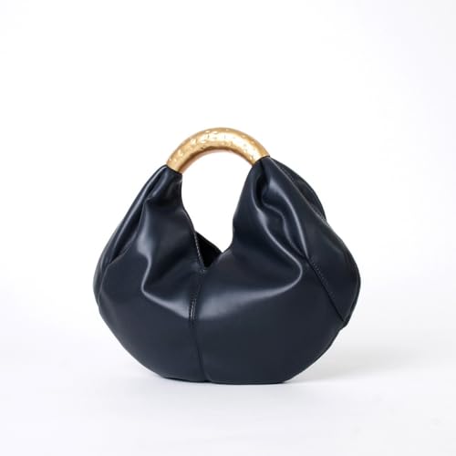 Bolso Tote azul marino de cuero sintético con asa dorada miniatura 7