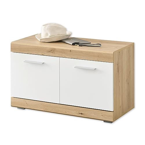 Stella Trading NOLA Schuhbank in Artisan Eiche Optik, Weiß Hochglanz - Moderne Sitzbank mit Stauraum für Ihren Flur - 80 x 49 x 38 cm (B/H/T)