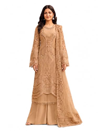 Image of RUDRAPRAYAG Women's Georgette Fabric Wih Embroidered Sequence Work And On Neck Moti Hand Work Semi Stitched Sharara Salwar Suit With Dupatta Set