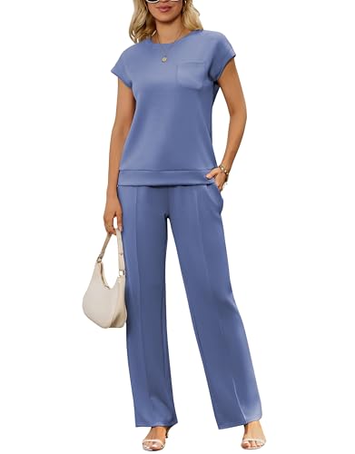 difficort Lounge Sets for Women 2 Piece Outfits Summer Casual Tracksuit Wide Leg Long Pants Vacation Travel Matching Set