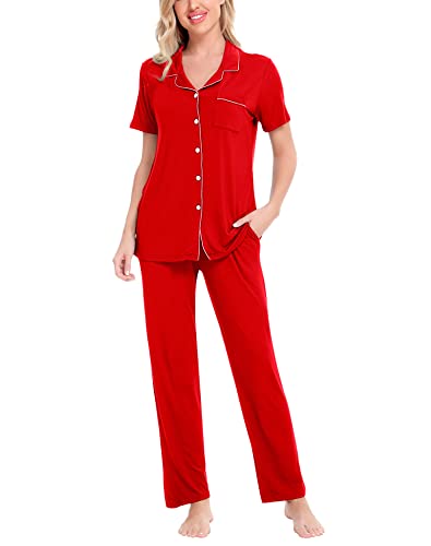 Image of SWOMOG Women Pajama Sets Two-Piece Nightwear Short Sleeve Sleepwear Button Down Pj Lounge Sets with Long Pants