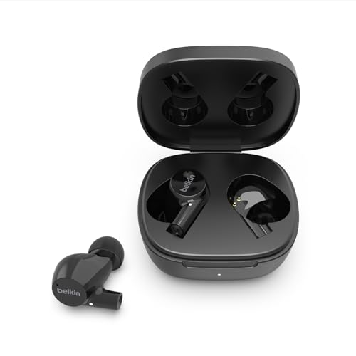 Belkin drahtloser SoundForm Rise True Wireless Bluetooth 5.2 In-Ear-Kopfhörer mit Ladecase, Schweiß- und Wasserschutz nach Schutzart IPX5, tiefer Bass für iPhone, Galaxy, Pixel usw. – Schwarz