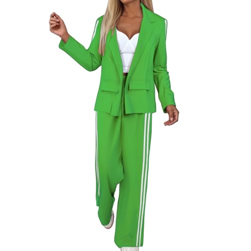2 Piece Blazer Outfits for Women Oversized Striped Lapel Long Sleeve Blazer Wide Leg Suit Pants Sets Business Suits