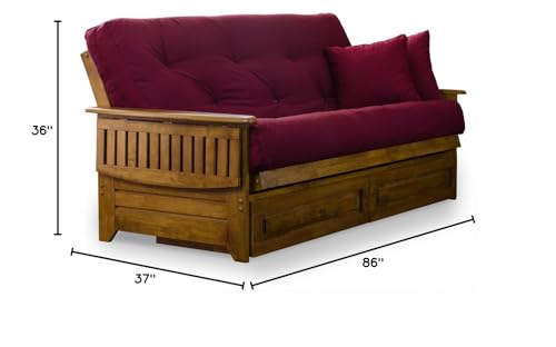 Nirvana Futons Brentwood Tray Arm Futon Frame, Drawers, and Burgundy Mattress Set - Queen, Rich Heritage Finish