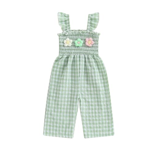 Geagodelia Summer Outfit Baby Girl Rompers Toddler Ruffle Sleeveless Infant Girls Plaid Print Jumpsuit Suspender Pants One Piece Clothes (Green, 2-3T)