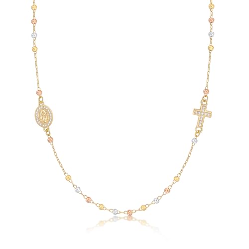 Gold Rosary Beads Cross Necklace - 14k Gold Plated Virgin Mary Necklaces,Non Tarnish Golden Catholic Virgen de Guadalupe Choker Jewelry,Religious Rosarios Catolicos Baptism Confirmation Gift for Women