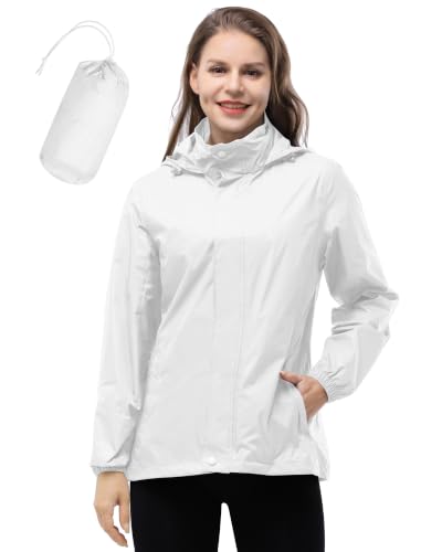 Image of 33,000ft Women's Lightweight Rain Jackets Hooded Breathable Packable Running Raincoats Active Trench Windbreaker with Hideaway Hood for Cycling Hiking (White XL/UK 16)