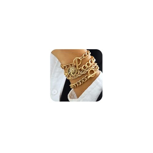 Boho Fashion Dainty Boho Gold Silver Chain Stackable Bracelets Set for Women Adjustable Beaded Coin Chunky Flat Cable Chain Punk Bracelets Jewelry for Women Gift Set of 4