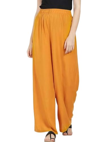 Image of FASHION GALLERY Women's Solid Rayon Palazzo Pants | Relaxed Fit Full Length Wide Leg Palazzo | Elastic Waist Comfortable Casual Lounge Office Ethnic Flared Trousers for Women
