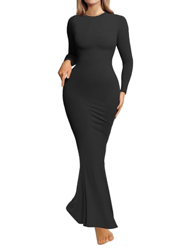 Image of Womens Bodycon Maxi Dresses Sexy Crew Neck Dresses Long Sleeve Ribbed Black Dress Elegant Lounge Fall Long Dresses