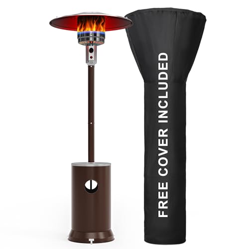 PAMAPIC 48000 BTU Patio Heater with high-strength waterproof cover, Propane Heater for Outdoor Use 2 in 1 Table Design, Double-Layer Stainless Steel Burner,Residential, Gray (Brown)