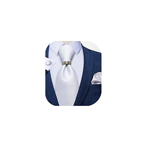 DiBanGu White Ties for men Silk Woven Tie Pocket Square Cufflinks for Men Solid Color Wedding Necktie and Tie Ring Set