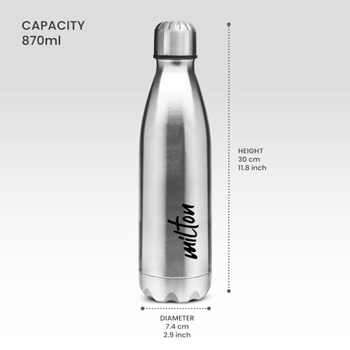 MILTON Shine 1000 Stainless Steel Water Bottle, 870 ml water bottles, Single walled, Leak-Proof, Rust-free Steel Bottle, Easy Grip, Easy to Carry, Travel Bottle, Silver