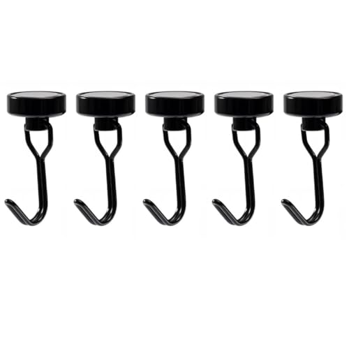 Strong Magnetic Hooks for Hanging. Up to 8.8 lbs. Set of 5 Black White Silvery Magnet Hooks Heavy Duty Magnets Rotating Swivel Style Magnet Hook for Refrigerator, Locker etc (Black)