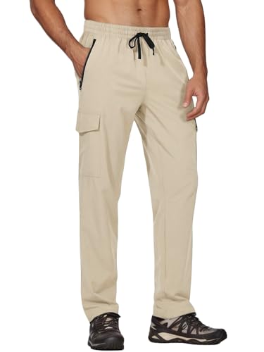 Auxo Mens Hiking Pants Lightweight Quick Dry Cargo Work Pants for Men Athletic Workout Travel Track Running Casual Outdoor Elastic Waist Joggers Pants with Zipper Pockets Khaki Medium