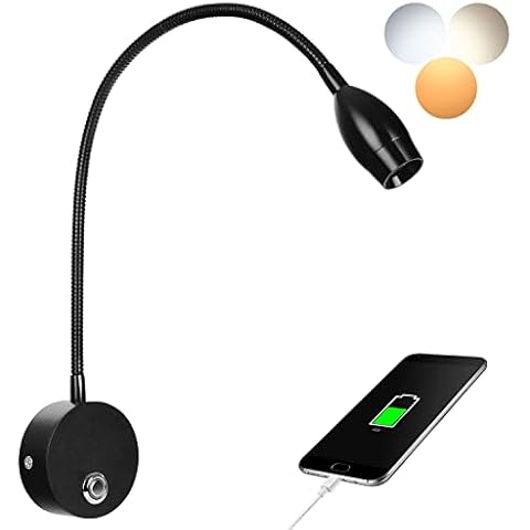 Adust Wall Mounted Reading Light Set, Wall Reading Light, Bed Headboard Reading Light Dimmable Touch Control, USB Output, 3 Color Temperature (Black 1-Pack) Cover
