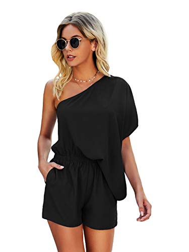 SheIn Women's One Shoulder Batwing Short Sleeve Romper High Waist Short Jumpsuit Black X-Large