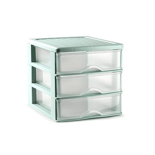 CABLEPELADO Torre de almacenamiento con 3 cajones sobremesa, Organizador de escritorio, Caja de almacenamiento de escritorio,18 cm alto x 17.7 cm ancho x 21.5 cm fondo, Verde y cajones transparentes