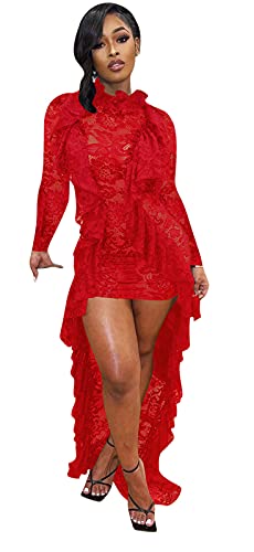 Salimdy Women's Floral Lace Hi Low Cocktail Party Dress Mock Neck Swing Prom Evening Gowns
